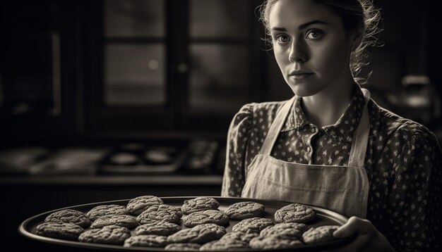 Jeune femme préparant des biscuits au chocolat faits maison à l'intérieur générés par l'IA