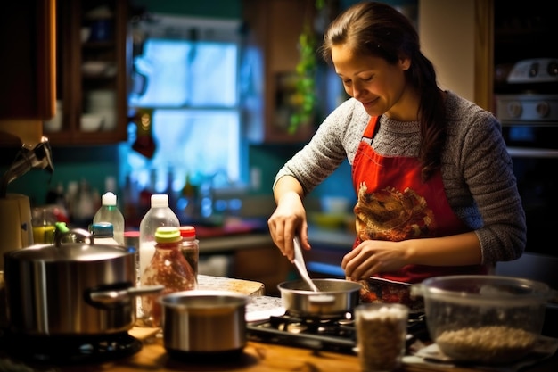 Une jeune femme prépare un délicieux repas dans le gros plan de la cuisine de sa maison Generative AI