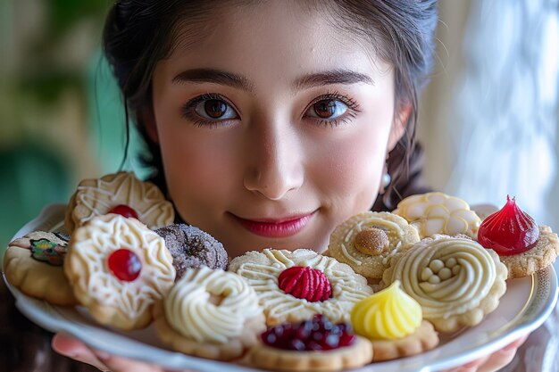 Une jeune femme présente une variété de délicieux biscuits fraîchement cuits sur un plateau avec un sourire charmant