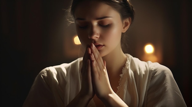 Photo jeune femme priant dans une pièce sombre focus sélectif closeup génératif ai