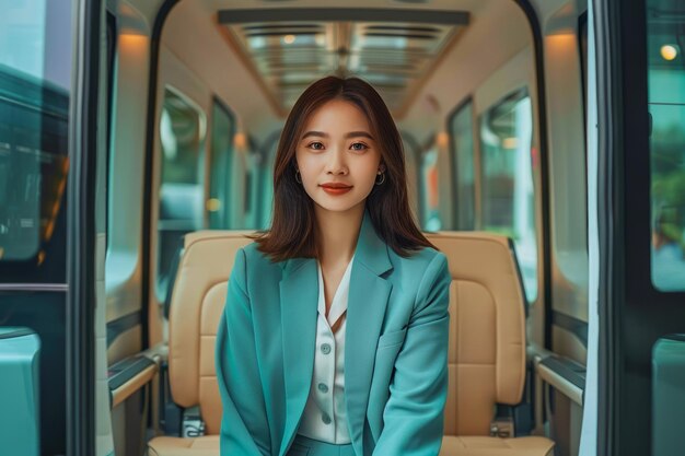 Photo une jeune femme professionnelle en blazer de teal élégant assise à l'intérieur d'un wagon de train moderne pendant le trajet