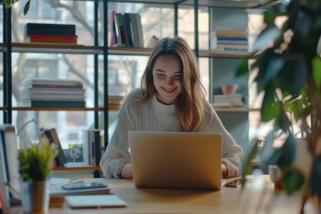 Une jeune femme professionnelle heureuse travaillant sur un ordinateur portable au bureau.