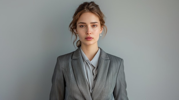 Une jeune femme professionnelle réfléchie en costume gris.