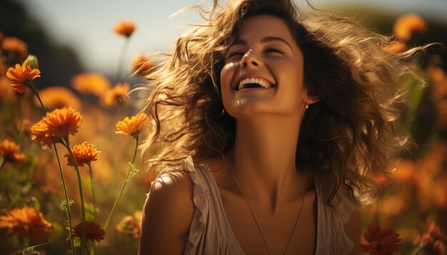 Une jeune femme profitant de l'extérieur souriant dans la prairie d'été générée par l'IA