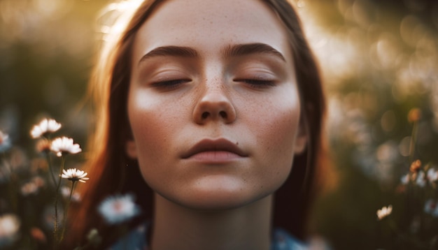 Une jeune femme profite de la beauté de la nature au coucher du soleil générée par l'IA