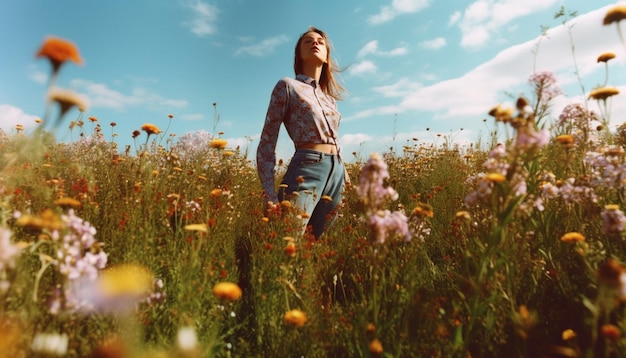 Une jeune femme profite de la beauté de la nature dans une prairie sereine générée par l'IA