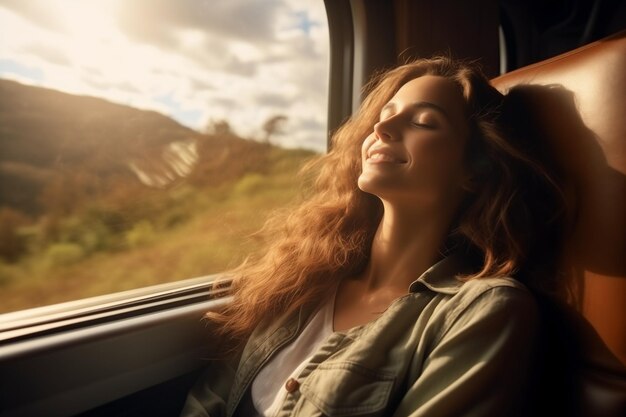 Une jeune femme profite d'un voyage en train