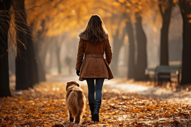 jeune femme promenant son chien dans le parc en automne vue de derrière générée par l'IA