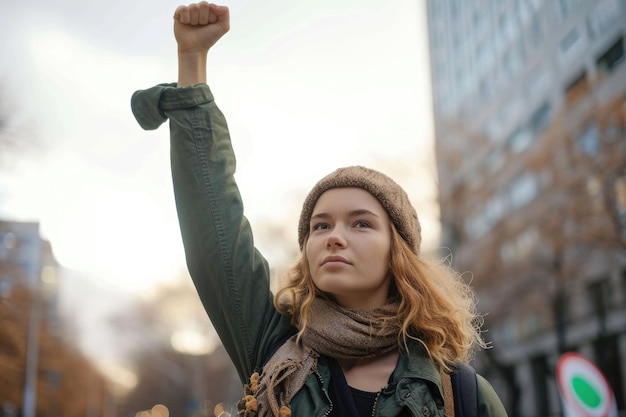 Une jeune femme protestant contre le changement climatique avec le poing levé