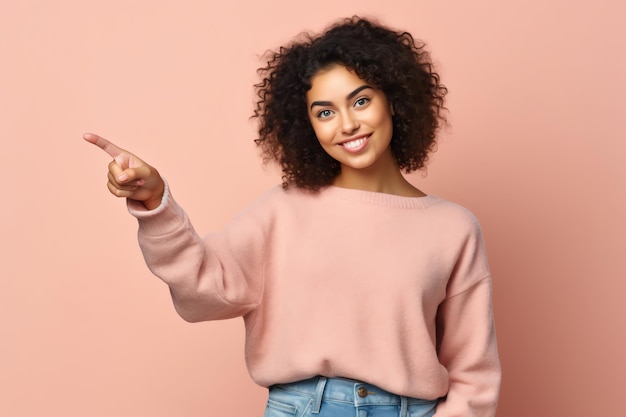 Une jeune femme en pull rose pointe vers le côté et pointe vers le côté.