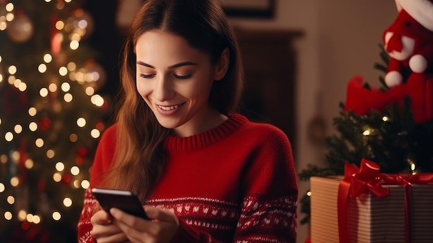 Une jeune femme en pull rouge commande des cadeaux de fin d'année pendant les vacances de Noël à la maison en utilisant