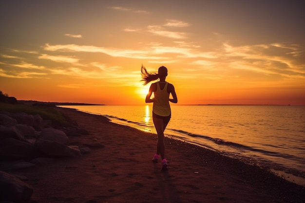 Une jeune femme qui court sur le rivage.