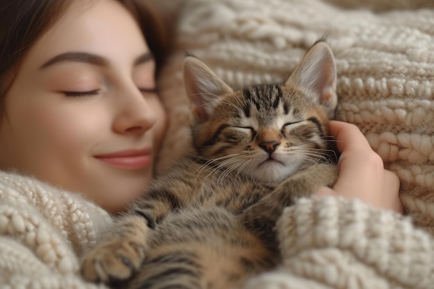 Photo une jeune femme qui dort avec un chaton dans les bras.