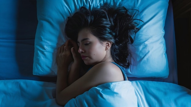 Une jeune femme qui dort dans le lit.