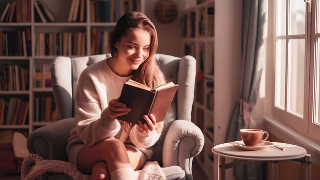 Une jeune femme qui lit un livre à la maison.