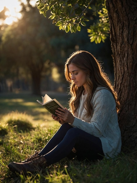 Photo une jeune femme qui lit un livre sous l'ombre d'un arbre dans un parc tranquille au crépuscule.