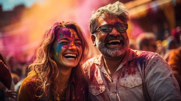 Jeune femme qui rit avec de la poudre de couleur sèche Holi qui explose autour d'elle