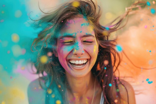 Jeune femme qui rit avec de la poudre de couleur sèche Holi qui explose autour d'elle