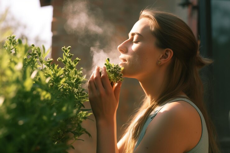 Photo une jeune femme qui sent les herbes dans le jardin