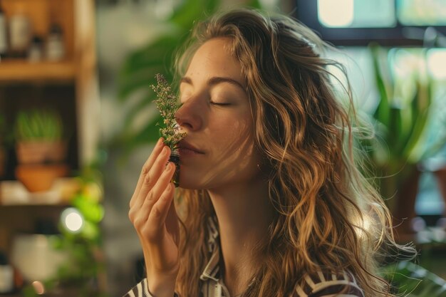 Une jeune femme qui sent l'huile essentielle sur son poignet à l'intérieur