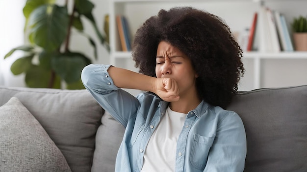 Une jeune femme qui tousse dans le coude alors qu'elle est allongée sur le canapé dans le salon