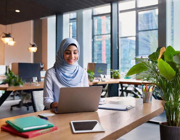 Photo une jeune femme qui utilise un ordinateur portable dans un bureau contemporain