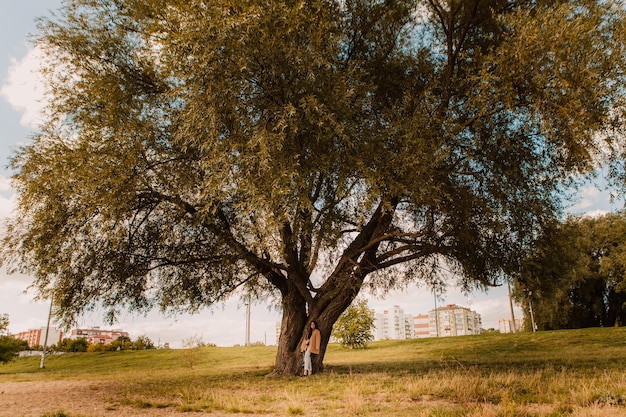 Jeune femme de race blanche assez élégante debout près de la jetée de la rue grand arbre énorme vêtu d'une tranchée brune