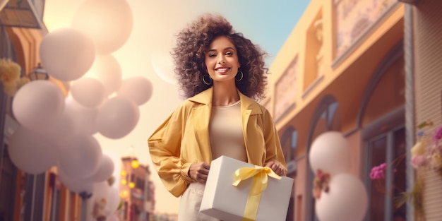 Photo une jeune femme de race mixte élégante en tenue jaune clair avec un sac de shopping à l'extérieur au printemps.
