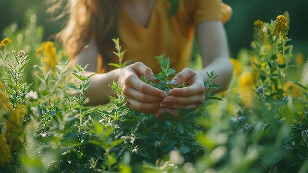 Une jeune femme ramassant des herbes dans les bois avec un espace vide IA générative