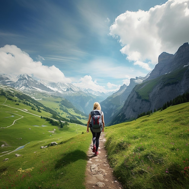 Une jeune femme en randonnée dans les Alpes suisses par une belle journée d'été