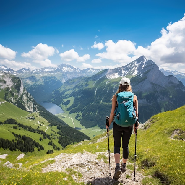 Jeune femme en randonnée dans les Alpes suisses par une journée ensoleillée