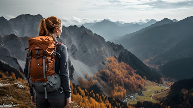 Jeune femme randonneur avec sac à dos debout au sommet d'une montagne et regardant la belle vue