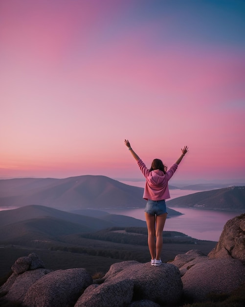 une jeune femme randonneuse à bras ouverts au sommet d'une montagne au lever du soleil