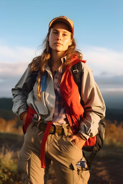 Photo une jeune femme randonneuse se tient au sommet d'une montagne et regarde la caméra ai generative