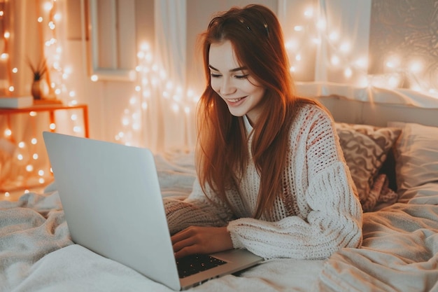 Une jeune femme ravissante assise et souriante sur le lit et utilisant un ordinateur portable avec joie