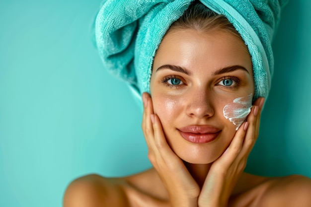 Une jeune femme rayonnante applique une crème hydratante pour le soin de la peau, une routine de beauté et de bien-être.