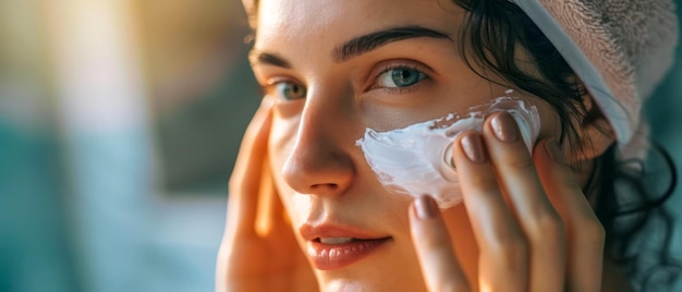 Une jeune femme rayonnante s'applique une crème pour le visage à la lumière du matin