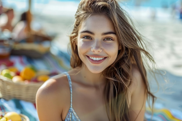 Une jeune femme rayonnante souriante sur une plage ensoleillée avec le vent dans les cheveux une atmosphère d'été vibrante et