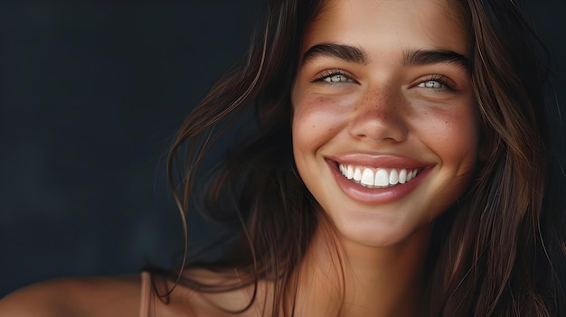 Une jeune femme rayonnante avec un sourire joyeux à la lumière naturelle, un style décontracté et authentique parfait pour les marques de style de vie capturées par l'IA.