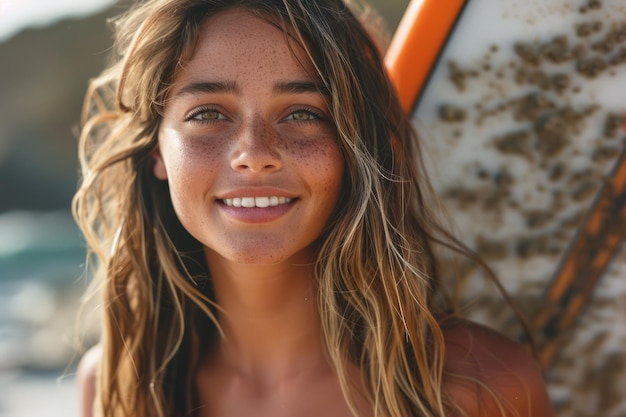 Une jeune femme rayonnante avec des taches de rousseur souriante sur une plage ensoleillée cheveux ondulés planche de surf arrière-plan été