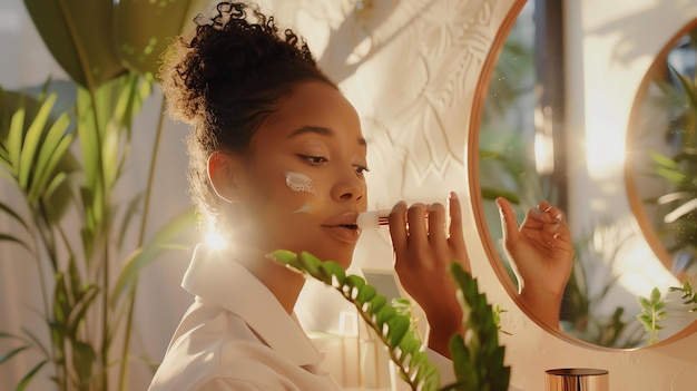 Photo une jeune femme réfléchie appliquant un produit naturel de soin de la peau sur son visage en se regardant dans le miroir et en se préparant le matin.