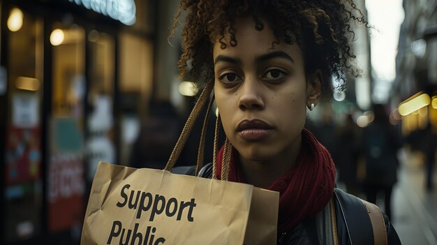 Photo une jeune femme réfléchie aux cheveux bouclés tenant un sac à provisions avec le texte support public