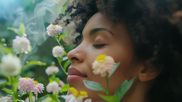 Photo une jeune femme réfléchie aux cheveux bouclés, les yeux fermés et un sourire serein sur son visage, inhale le doux parfum d'une fleur dans un jardin vert et luxuriant.