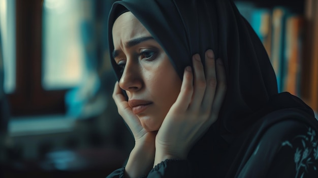Photo une jeune femme réfléchie dans un hijab semble pensive berçant son visage dans ses mains