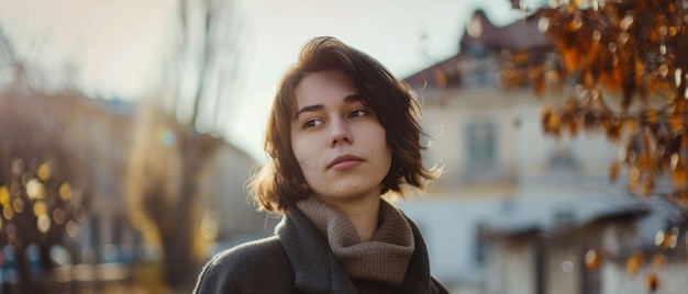 Une jeune femme réfléchie dans la lumière de l'automne sur le fond de la ville