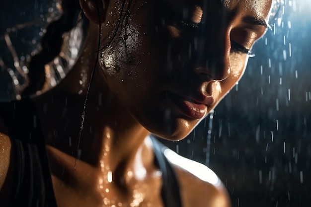 Une jeune femme réfléchie avec de l'eau qui coule sur son visage.