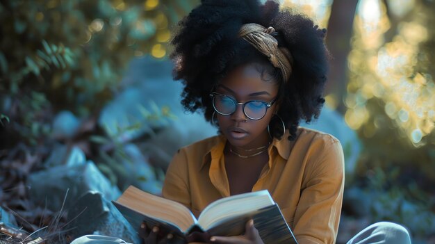 Photo une jeune femme réfléchie qui lit un livre dans le parc. elle porte des lunettes et un bandeau.