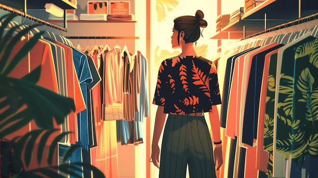 Photo une jeune femme réfléchie regardant des vêtements sur un étagère dans une boutique elle envisage ses options et essaie de décider ce qu'elle doit acheter