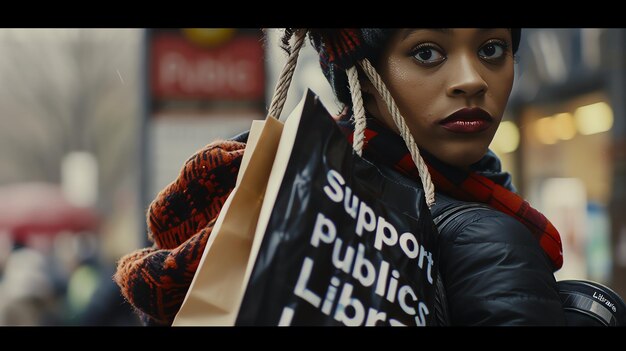 Photo une jeune femme réfléchie avec un sac de shopping en ville elle porte un chapeau chaud et un foulard et a une expression pensive sur son visage