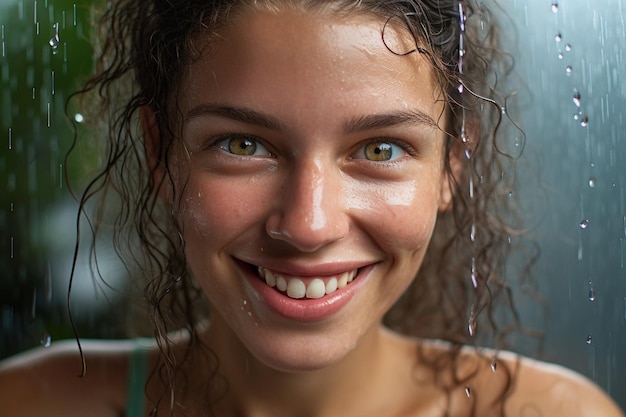 Une jeune femme regardant la caméra mouillée de gouttes de pluie